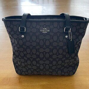Coach Signature C Outline Canvas Smoke/Black Zip Top Tote Shoulder Bag
